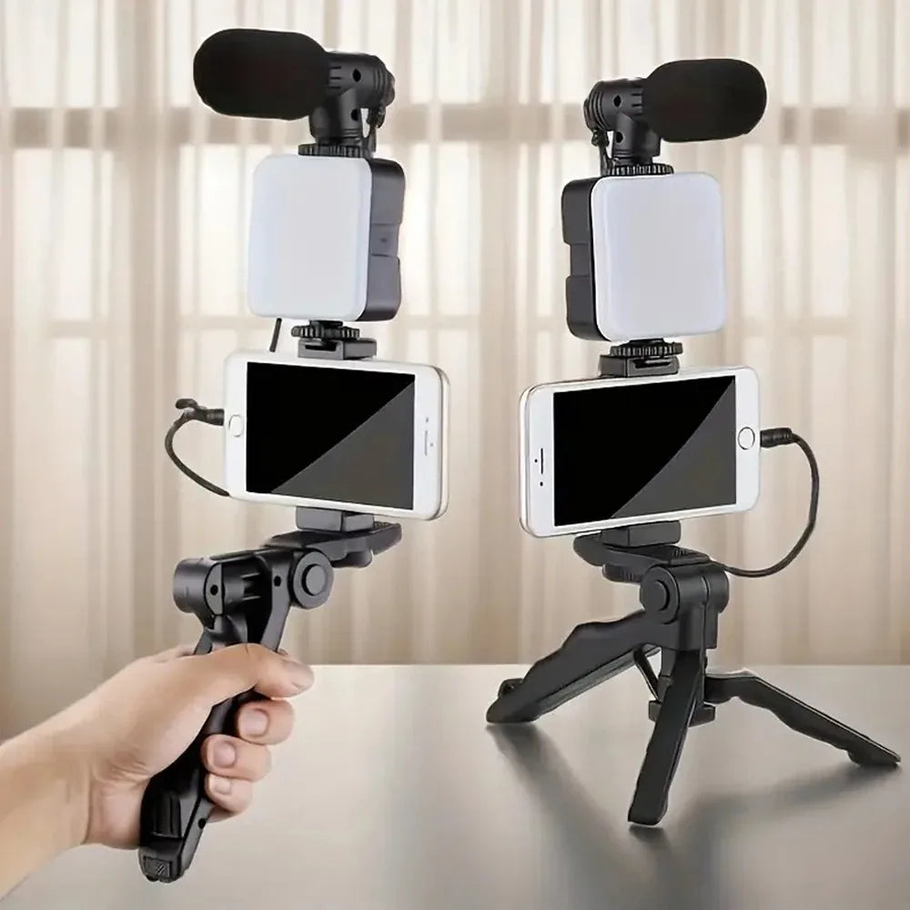 Tripod, LED Light, Microphone, and Phone Holder