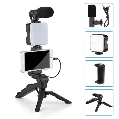 Tripod, LED Light, Microphone, and Phone Holder